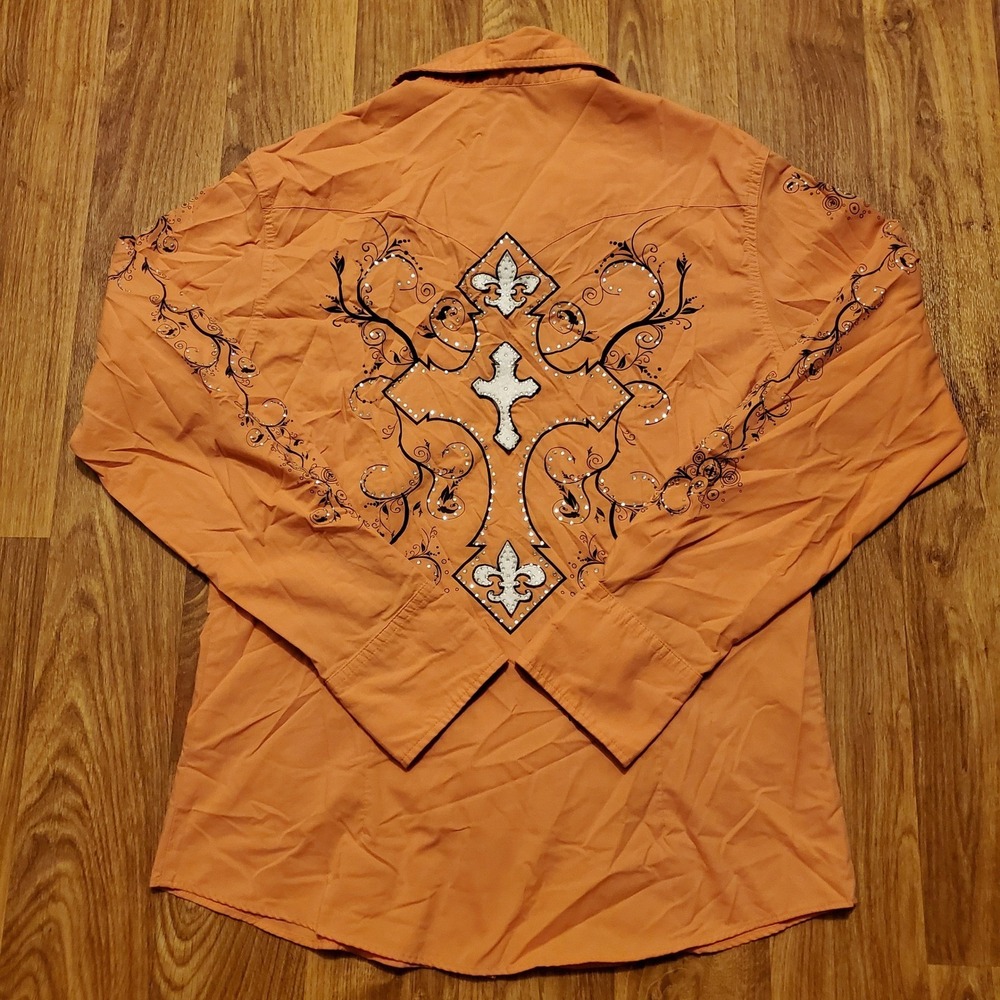 Vintage 90s El General Western Shirt Men Medium Orange Cross Embellished‎